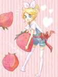  blonde_hair blue_eyes food fruit holding holding_fruit kagamine_rin overalls poco24 short_hair strawberry thigh-highs thighhighs vocaloid 