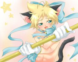  androgynous animal_ears aqua_eyes asata bad_id bell blonde_hair blush bow cat_bell cat_ears collar crossdressing eringi_no_suke fang gloves hair_bow hair_ribbon headset jingle_bell kagamine_len magical_nuko-lenlen_(vocaloid) male open_mouth ribbon solo star tail trap vocaloid 