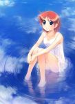  blue_eyes cloud dress feet_in_water hair_ornament hairclip hands ikeda_jun jewelry legs necklace original red_hair redhead reflection short_hair sitting sky smile soaking_feet solo water 