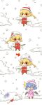  absurdres bad_id bat_wings chibi coat comic directional_arrow dying_message eiri_(eirri) flandre_scarlet highres o_o object_on_head remilia_scarlet shovel snow touhou translated wings winter winter_clothes worktool 