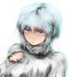  acryl blue_eyes blue_hair breasts bust lips original ribbed_sweater rough short_hair solo sweater white_background 