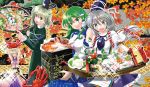  ^_^ aqua_eyes arms_up blush blush_stickers boat clam closed_eyes crab dress eyes_closed fish frog_hair_ornament green_dress green_eyes green_hair hair_ornament hair_tubes hajike_akira hat japanese_clothes kochiya_sanae leaf long_hair mononobe_no_futo multiple_girls obentou octopus open_mouth ponytail short_hair silver_hair skirt smile snake soga_no_tojiko sparkle sushi tate_eboshi touhou toyosatomimi_no_miko 