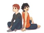  black_eyes black_hair brown_eyes child cosmos0317 emiya_kiritsugu emiya_shirou fate/stay_night fate_(series) indian_style male multiple_boys red_hair redhead shorts simple_background sitting tank_top time_paradox white_background young 