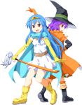  alternate_costume back-to-back belt blue_hair boots cape circlet cosplay crossover dragon_quest dragon_quest_iii dress elbow_gloves gloves hat highres hinanawi_tenshi long_hair looking_at_viewer looking_back mage_(dq3) mage_(dq3)_(cosplay) multiple_girls nagae_iku open_mouth purple_hair red_eyes sage_(dq3) sage_(dq3)_(cosplay) scarf short_hair simple_background smile sword sword_of_hisou thighhighs touhou transparent_background tsurukou_(tksymkw) weapon witch_hat yellow_gloves 