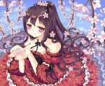  black_hair blush breasts cleavage dress flower hazakura_satsuki long_hair original petting purple_eyes smile solo violet_eyes 