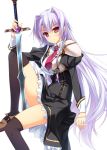  black_legwear braid copyright_request cover_image estelle_norn_stern hair_intakes hand_on_hilt holding kenkoku_no_jungfrau long_hair looking_at_viewer necktie pink_eyes purple_hair shoulder_pads side_braid simple_background sitting smile solo sword thigh-highs thighhighs very_long_hair weapon white_background yasaka_minato 