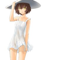  blush brown_hair hat original pink see_through short_hair summer_dress touko_(artist) yellow_eyes 