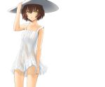  blush brown_hair hat original pink see_through short_hair summer_dress touko_(artist) yellow_eyes 