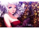  1girl blue_eyes cici curly_hair leaves long_hair original signed solo white_hair 