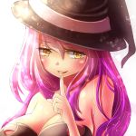  arumi_m breasts bust cleavage copyright_request halloween hat pink_hair witch witch_hat yellow_eyes 