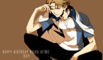  atobe_keigo brown_background brown_hair character_name happy_birthday hoshino_lily male simple_background solo sportswear squatting tennis_no_ouji-sama 