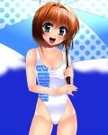  anzu_(onelelee) bad_id brown_hair card_captor_sakura cardcaptor_sakura green_eyes highleg highleg_swimsuit kinomoto_sakura one-piece_swimsuit open_mouth race_queen racequeen short_hair swimsuit umbrella 