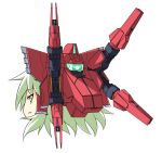  alternate_color crossover green_hair gundam gundam_00 hair_bobbles hair_ornament hair_tubes hakurei_reimu mecha_musume mochizuki_ado parody reborns_cannon smirk solo touhou yellow_eyes yukkuri_shiteitte_ne 