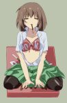  black_legwear bra breasts brown_hair cleavage closed_eyes eyes_closed front-tie_top open_clothes open_mouth open_shirt original pantyhose pocky rikku04 short_hair simple_background sitting skirt solo underwear wariza 