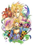  blonde_hair blue_eyes cleavage_cutout dio_brando father_and_son giorno_giovanna jojo_no_kimyou_na_bouken ladybug ladybugs multiple_boys parted_lips red_eyes saya_999 short_hair topless vines 