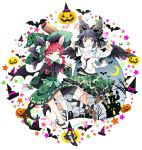  2girls animal_ears arm_cannon bandage bandages bat black_hair boots bow braid candy castle cat_ears cat_tail crescent_moon cross dress extra_ears ghost grave_stone hair_bow halloween hat jack-o&#039;-lantern kaenbyou_rin lollipop miy moon multiple_girls red_eyes red_hair redhead reiuji_utsuho single_thighhigh skirt smile striped striped_legwear tail thigh-highs thighhighs tombstone touhou twin_braids weapon wink witch_hat 
