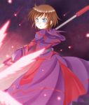  1girl blue_eyes brown_hair dress fingerless_gloves gloves long_sleeves luciferion lyrical_nanoha magical_girl mahou_shoujo_lyrical_nanoha mahou_shoujo_lyrical_nanoha_a&#039;s mahou_shoujo_lyrical_nanoha_a&#039;s_portable:_the_battle_of_aces mahou_shoujo_lyrical_nanoha_a's mahou_shoujo_lyrical_nanoha_a's_portable:_the_battle_of_aces material-s open_mouth puchopucho puffy_sleeves short_hair solo wings 