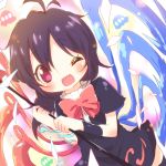  ;d asymmetrical_wings ayakashi_(monkeypanch) black_dress black_hair black_legwear blush dress fang houjuu_nue open_mouth polearm purple_eyes short_hair smile snake solo thigh-highs thighhighs touhou violet_eyes weapon wings wink wristband 