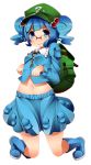  backpack bag bespectacled blue_eyes blue_hair boots glasses hair_bobbles hair_ornament hat kawashiro_nitori key kinakomoti looking_at_viewer navel simple_background skirt smile solo touhou twintails white_background 