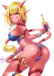  ass blonde_hair blush breasts dragon_quest dragon_quest_x holding horns hoshino_madoka jewelry knife leg_up necklace ogre_(dq10) pointy_ears red_skin short_hair short_shorts shorts simple_background solo tail thigh_strap weapon white_background yellow_eyes 