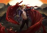  abs belt blonde_hair braid edward_elric fullmetal_alchemist gloves highres holding kikira male mechanical_arm muscle outstretched_arm ruins scar single_braid solo standing yellow_eyes 