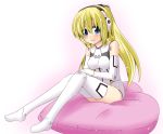  android arnval blonde_hair blue_eyes blush busou_shinki headphones ichimi long_hair ponytail sitting smile solo 