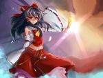  black_hair bow clear_echoes detached_sleeves hair_bow hair_tubes hakurei_reimu highres japanese_clothes long_hair midriff miko navel ofuda red_eyes solo touhou wide_sleeves 