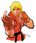  1boy blonde_hair brown_eyes bust capcom come_at_me_bro eyebrows fighting_stance fingerless_gloves gloves highres ken_masters mullet muscle nishimura_kinu official_art solo street_fighter street_fighter_iii thick_eyebrows transparent_background 