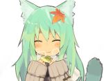  ^_^ animal_ears blush closed_eyes coat eating eyes_closed food fox_ears fox_tail green_hair leaf leaf_on_head long_hair maple_leaf original paprika_shikiso simple_background sketch solo sweet_potato tail white_background 