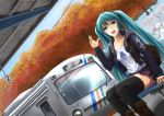  1girl aqua_hair boots din47060702 din_(raiden) dutch_angle green_eyes hatsune_miku long_hair open_mouth solo thighhighs twintails very_long_hair vocaloid waving 