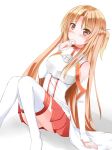  asuna_(sao) bare_shoulders blush breastplate brown_eyes brown_hair catstudio_(artist) detached_sleeves hand_to_mouth long_hair skirt solo sword_art_online thigh-highs thighhighs white_background white_legwear 
