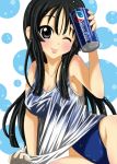  1girl akiyama_mio baretto black_eyes black_hair can cola highleg highleg_swimsuit k-on! long_hair pepsi soda_can swimsuit wet wet_t-shirt wink 