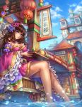  1girl absurdres blue_eyes breasts bridge brown_hair chinese cleavage daphne_zhang detached_sleeves feet_in_water hair_bun highres japanese_clothes kimono legs pagoda soaking_feet tagme teapot tower tray water 