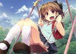  1girl :d backpack bag blush brown_hair looking_at_viewer mary_janes open_mouth original randoseru red_eyes shoes short_hair sitting skirt sky smile soine solo swing 