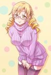  alternate_costume bespectacled blonde_hair breasts drill_hair e20 glasses hair_ornament large_breasts long_hair looking_at_viewer mahou_shoujo_madoka_magica purple_legwear ribbed_sweater smile solo sweater sweater_dress thigh-highs thighhighs tomoe_mami turtleneck turtleneck_sweater twin_drills yellow_eyes 