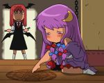  :&lt; bare_shoulders barefoot bat_wings bdsm blush bondage bow chain chains crescent dress feet hair_bow hair_ribbon head_wings kneeling koakuma long_hair long_sleeves magic_circle multiple_girls necktie off_shoulder onikobe_rin patchouli_knowledge purple_eyes purple_hair red_hair redhead ribbon single_sock socks tied tied_up touhou violet_eyes whip wings 