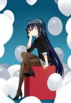  argyle_legwear blue_hair brown_hair character_request crossed_legs gan_(shanimuni) head_rest headphones high_heels legs_crossed original pantyhose ponytail scrunchie shoes sitting wink 