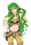  1girl breasts cleavage colored green_hair hand_on_hip highres kusano06 long_hair looking_at_viewer original pointy_ears red_eyes simple_background smile solo very_long_hair white_background 