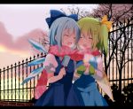  blue_hair blush cirno closed_eyes cup daiyousei eyes_closed fujishiro_emyu green_hair hair_ornament hairpin letterboxed long_hair mittens mug multiple_girls open_mouth popsicle scarf shared_scarf short_hair side_ponytail smile touhou wings 