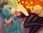  aqua_eyes aqua_hair bow cross cross_necklace finger_to_mouth garter_straps green_eyes green_hair hair_bow halloween hatsune_miku highres jack-o'-lantern jewelry lingerie long_hair lying on_side ring rosary settyaro solo thighhighs twintails underwear vertical-striped_legwear vertical_stripes very_long_hair vocaloid wink 