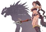  abs brown_hair earrings fur_trim green_tear highres jewelry league_of_legends long_hair navel nidalee polearm ponytail shadow spear tribal weapon 