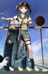  bird black_eyes black_hair boots camouflage chick goggles goggles_on_head hareno_chiame holding motor_vehicle motorcycle original school_uniform serafuku sign sitting skirt sky solo twintails vehicle 