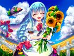 :d bad_id blue_hair blush bow braid closed_eyes cloud clouds douji eyes_closed fence flower food fruit hair_bow hat hat_removed headwear_removed hinanawi_tenshi long_hair open_mouth peach sky smile solo sunflower touhou twin_braids 