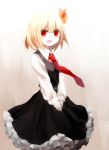  60mai :d blonde_hair fang hair_ribbon necktie open_mouth red_eyes ribbon rumia short_hair skirt smile solo touhou v_arms 