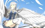  1girl boots gloves green_eyes sky solo thighhighs white_hair wings 