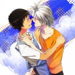  apron brown_hair grey_hair hands_on_shoulders ikari_shinji incipient_kiss multiple_boys nagisa_kaworu neon_genesis_evangelion sweatdrop tapiet yaoi 