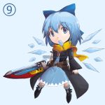 &#9320; ? advent_cirno blue_eyes blue_hair bow chibi cirno dress hair_bow ice ice_wings mouth_hold multiple_belts popsicle scarf solo sword touhou venomousblaze watermark weapon web_address wings ã¢â€˜â¨ â‘¨ 