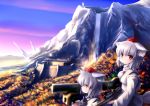  2girls animal_ears autumn bazooka brown_eyes chipika detached_sleeves fgm-148_javelin fortress gun hat inubashiri_momiji looking_at_viewer mountain multiple_girls profile red_eyes rifle scenery short_hair silver_hair sniper_rifle tail tokin_hat touhou water waterfall weapon wolf_ears wolf_tail 