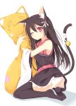  1girl ;o animal_ears ass bell black_hair black_legwear cat_ears cat_tail dakimakura_(object) dress highres huge legs nibiiro_shizuka panties pantyshot pillow pink_eyes ribbon sitting tagme tail tail_bell tail_ribbon thighhighs underwear wariza white_panties wink 