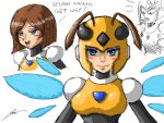  1girl android antennae blue_eyes blush bob_cut borockman breasts brown_hair eyeshadow genderswap helmet honey_woman hornet_man makeup rockman rockman_(classic) rockman_9 smile solo_focus splash_woman 